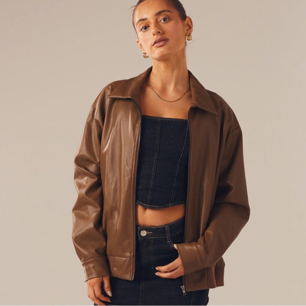 Peppermayo Brown Vegan Leather Bomber Jacket